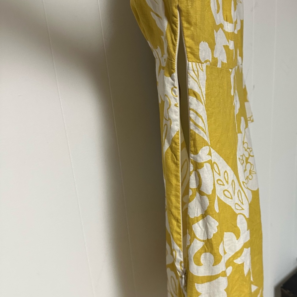 Boden 10 Long mustard yellow floral linen 3/4 sleeve dress - Picture 5 of 8